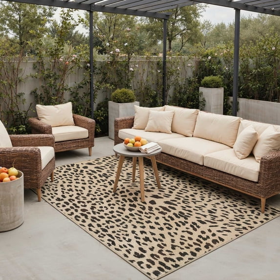 DEORAB Outdoor Rug 5'X8' Chenille Patio Carpet Washable Non Slip Three-Layer Material Animal Print Rug Camping Outside RV Mat,Leopard