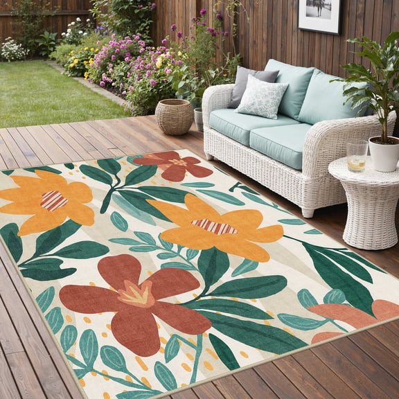 DEORAB Outdoor Rug 5'x8' Washable Patio Rug Non Shedding Easy Cleaning Flowers Outside Carpet for Balcony Backyard Deck RV