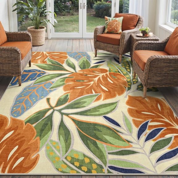DEORAB Outdoor Rug 5'x8' Washable Patio Rug Non Shedding Easy Cleaning Jungle Outside Carpet for Balcony Backyard Deck RV
