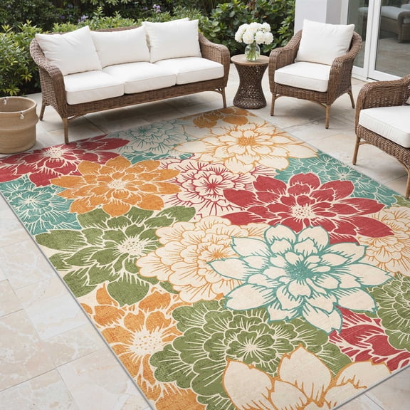 DEORAB Outdoor Rug 5'x8' Washable Chenille Patio Rug Non Shedding Easy Cleaning Flowers Outside Carpet for Balcony Backyard Deck RV Red