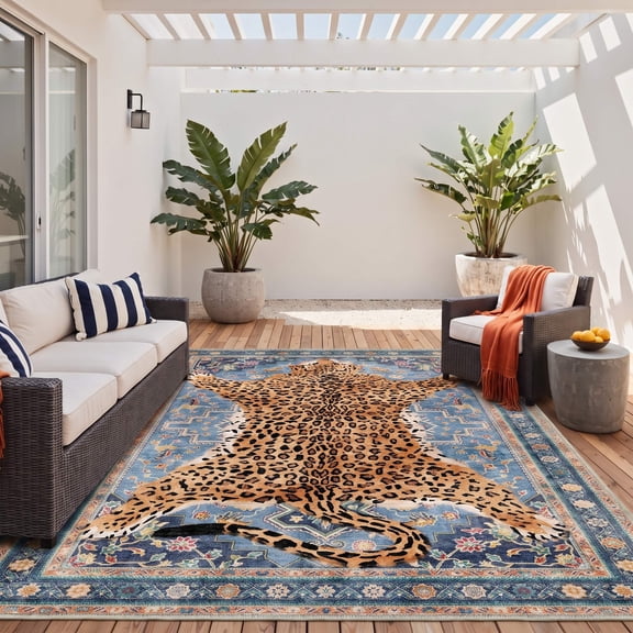 DEORAB Outdoor Rug 8'X10' Chenille Patio Carpet Washable Non Slip Three-Layer Material Animal Print Rug Camping Outside RV Mat,Blue