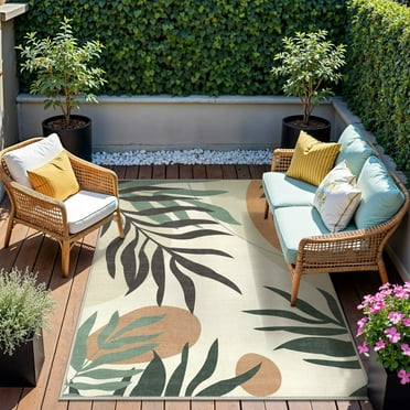 DEORAB Outdoor Rug 8'X10' Chenille Patio Carpet Three-Layer Material Imitation Silicone Spot Molding Camping Outside RV Mat,Beige&Green