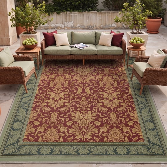 DEORAB Outdoor Rug 8'X10' Three-Layer Material chenille fabric outdoor decor mat Red & Green