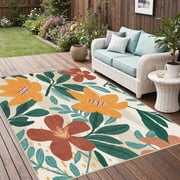 DEORAB Outdoor Rug 8'x10' Washable Chenille Patio Rug Non Shedding Easy Cleaning Flowers Outside Carpet for Balcony Backyard Deck RV