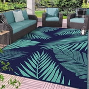 DEORAB Outdoor Rug 8'x10' Waterproof Reversible Patio Rug Portable Plastic Straw Outside Carprt for Beach Garden RV Camping Porch Deck Backyard, Navyblue & Jade