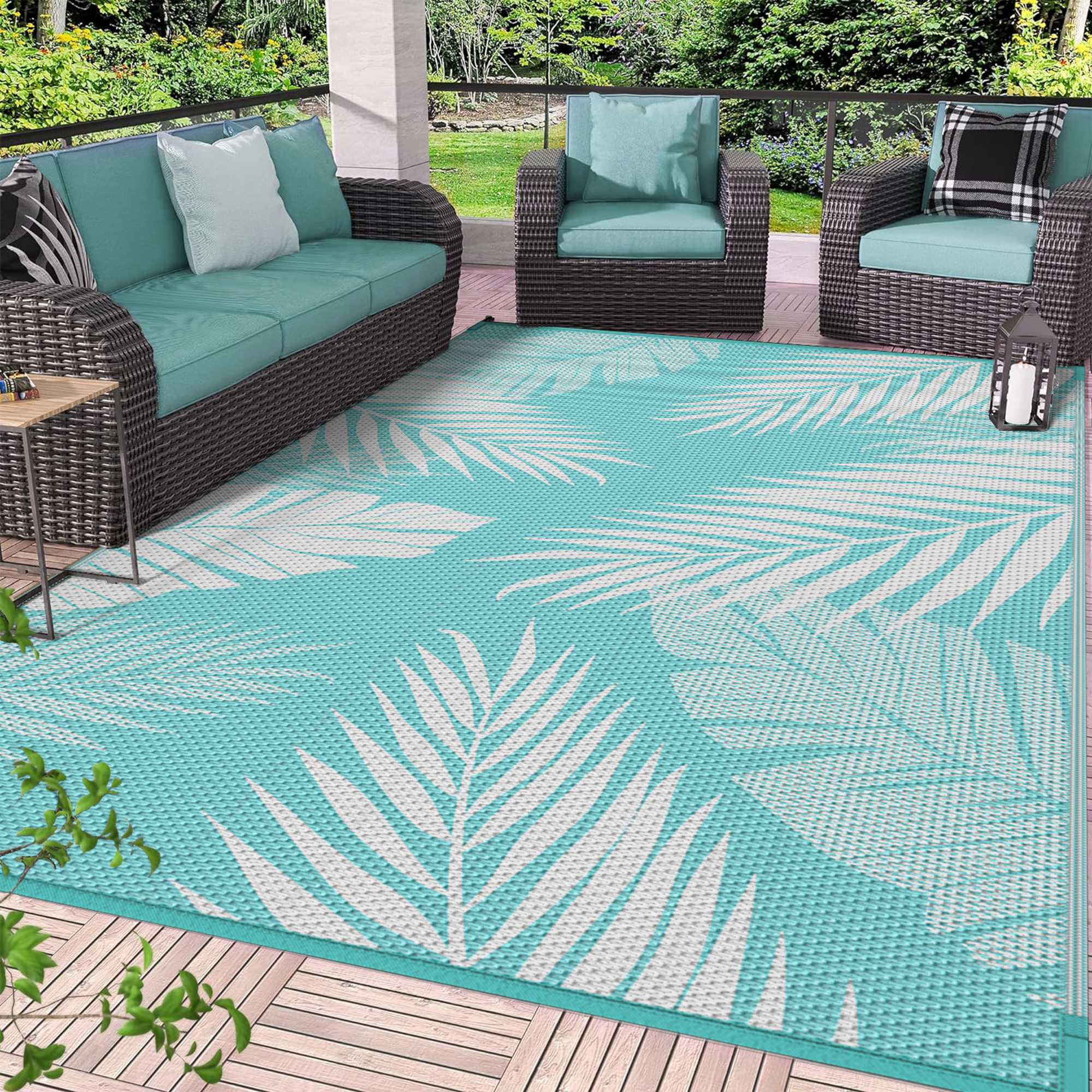 DEORAB Outdoor Rug 8'x10' Waterproof Reversible Patio Rug Portable Plastic Straw Outside Carprt for Beach Garden RV Camping Porch Deck Backyard, Aquablue & White