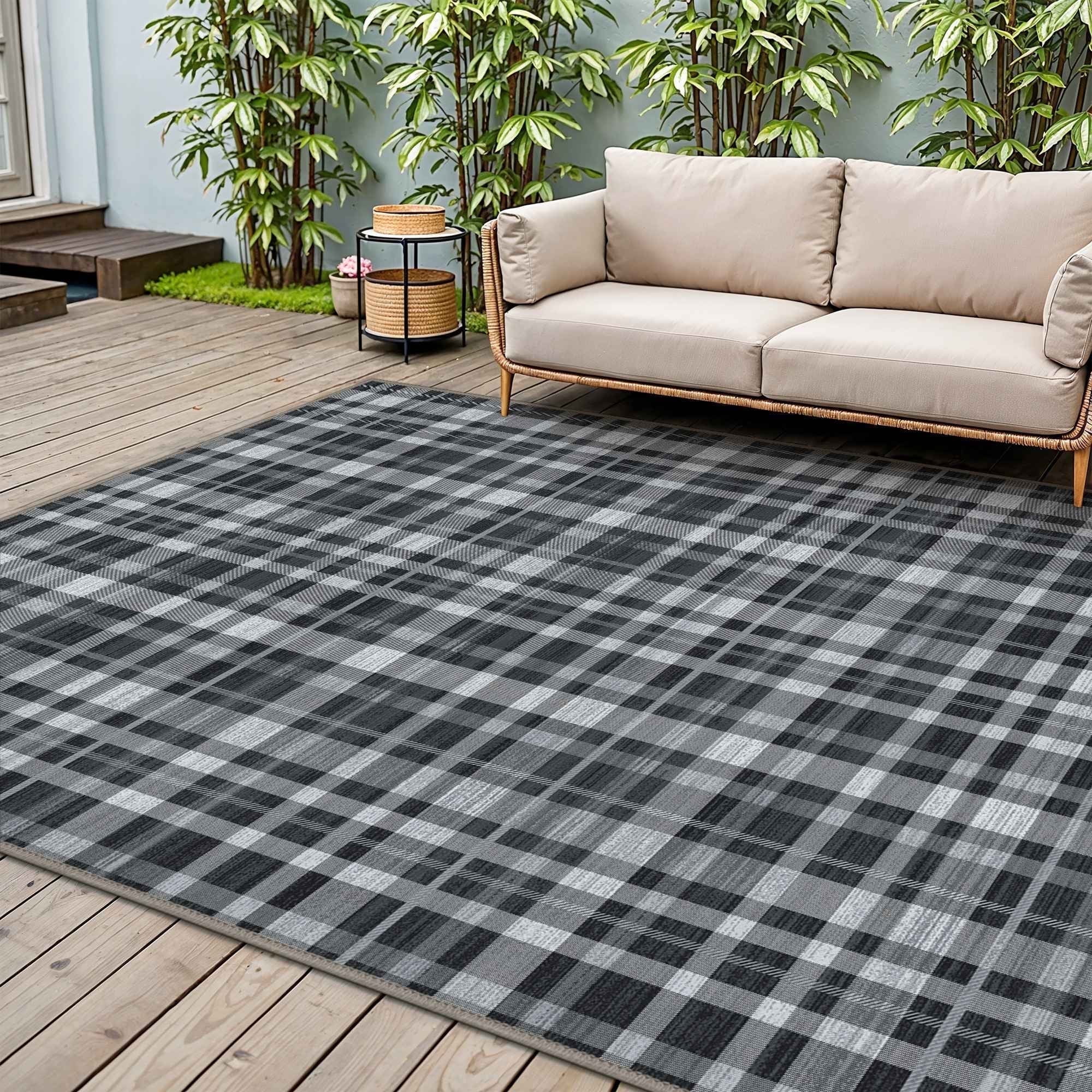 DEORAB Outdoor Rugs 9'X12' Chenille Patio Rug Three-Layer Material Imitation Silicone Spot Molding Camping Outside Rv Mat,Black