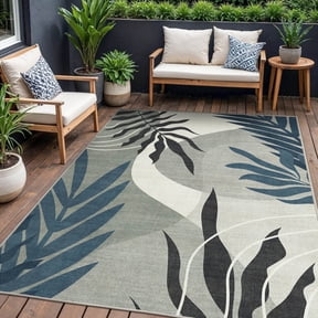 DEORAB Outdoor Rug 9'X12' Chenille Patio Carpet Three-Layer Material Imitation Silicone Spot Molding Camping Outside RV Mat,Blue&Grey
