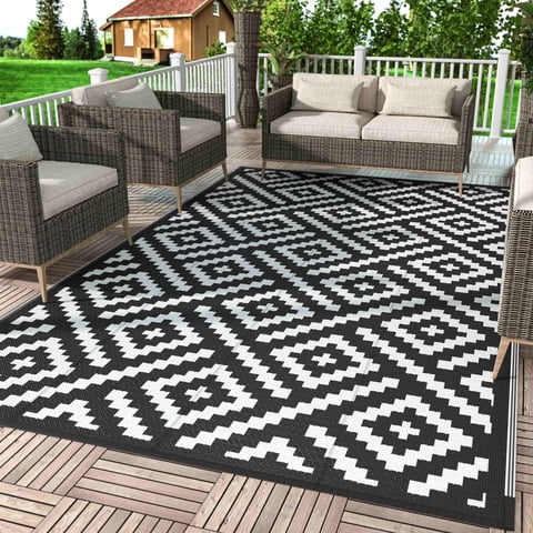 DEORAB Outdoor Rugs Waterproof Plastic Straw Mat 5'x8' Reversible for RV Patio Deck Beach Black & White