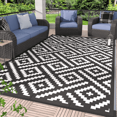 GENIMO Outdoor Rug for Patio Clearance,6'x9' Waterproof Mat,Reversible Plastic Camping Rugs,Rv,Deck,Porch,Camper,Balcony,Backyard,Black & White