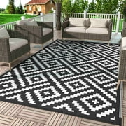DEORAB Outdoor Rugs Waterproof Plastic Straw Mat 6'x9' Reversible for RV Patio Deck Beach Black & White