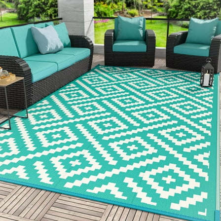 DEORAB Outdoor Rugs Waterproof Plastic Straw Mat 6'x9' Reversible for RV Patio Deck Beach Lake Green & Beige White