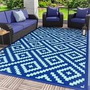 DEORAB Outdoor Rugs Waterproof Plastic Straw Mat 6'x9' Reversible for RV Patio Deck Beach Royal Blue & Blue Green
