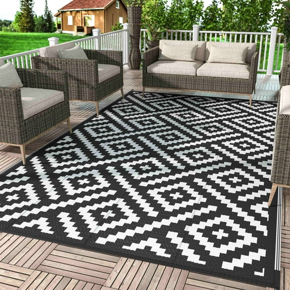DEORAB Outdoor Rugs Waterproof Plastic Straw Mat 9'x12' Reversible for RV Patio Deck Beach Black & White