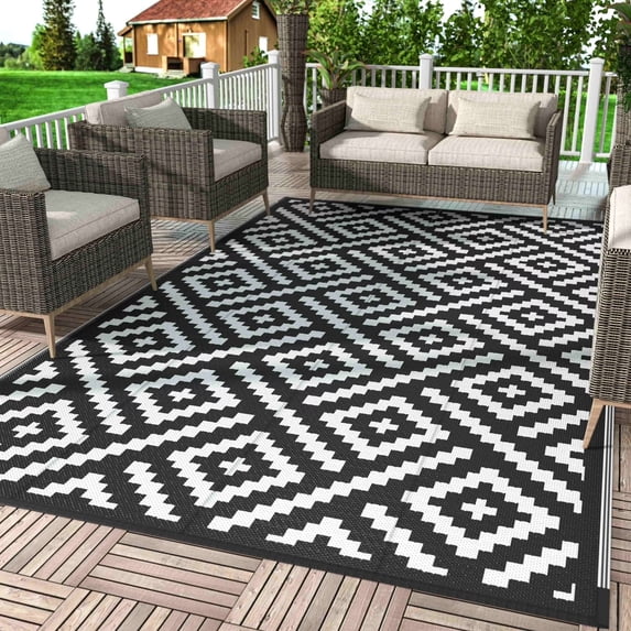 DEORAB Outdoor Rugs Waterproof Plastic Straw Mat 9'x12' Reversible for RV Patio Deck Beach Black & White