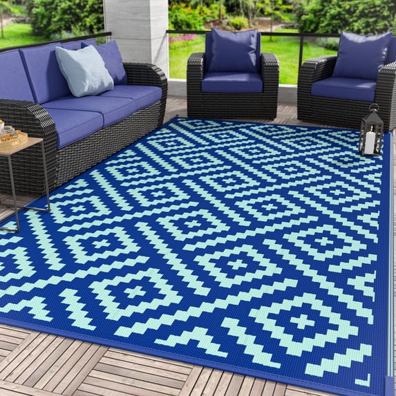 DEORAB Outdoor Rugs Waterproof Plastic Straw Mat 9'x12' Reversible for RV Patio Deck Beach Royal Blue & Blue Green