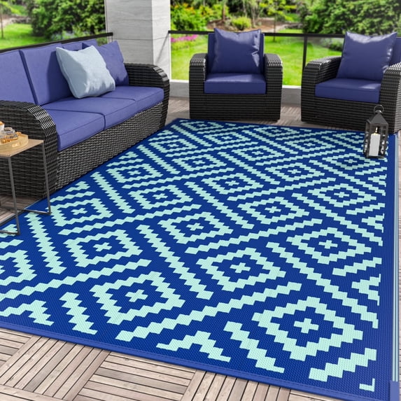 DEORAB Outdoor Rugs Waterproof Plastic Straw Mat 9'x12' Reversible for RV Patio Deck Beach Royal Blue & Blue Green