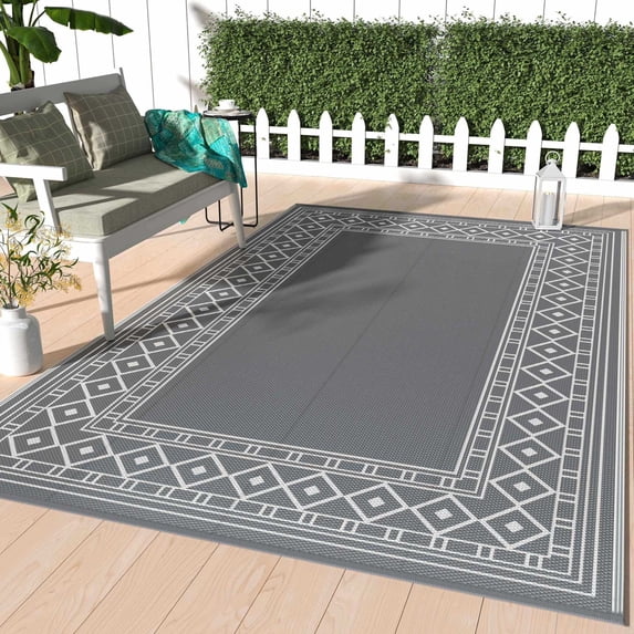 DEORAB Outdoor Rugs Waterproof Plastic Straw Camping Carpet Reversible Patio Outside Mat 5'x8',Grey & White