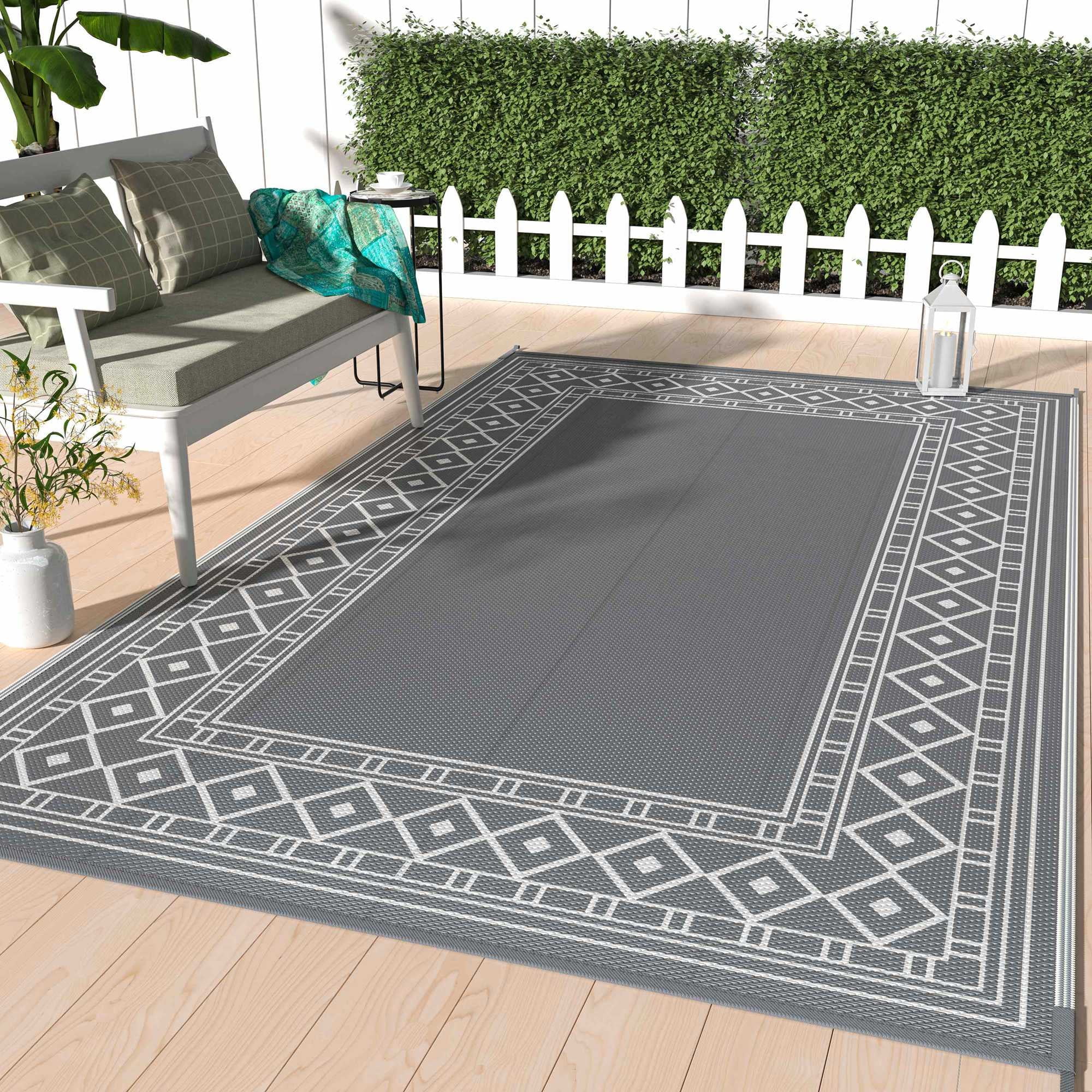 Walmart Black Friday Deals 2025 DEORAB Waterproof Outdoor Rugs Reversible Patio Mat 6x9 Feet Grey White Plastic Straw