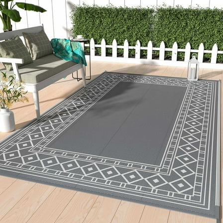 DEORAB Outdoor Rugs Waterproof Plastic Straw Camping Carpet Reversible Patio Outside Mat 6'x9',Grey & White