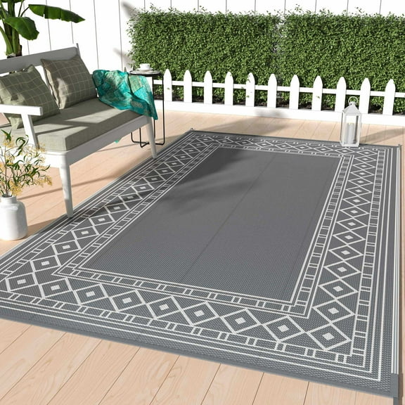 DEORAB Outdoor Rugs Waterproof Plastic Straw Camping Carpet Reversible Patio Outside Mat 6'x9',Grey & White