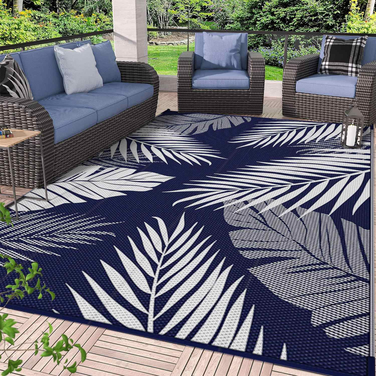 DEORAB 5'x8' Outdoor Rug for Patio Clearance,Reversible Straw Plastic  Waterproof Area Rugs,Blue & White
