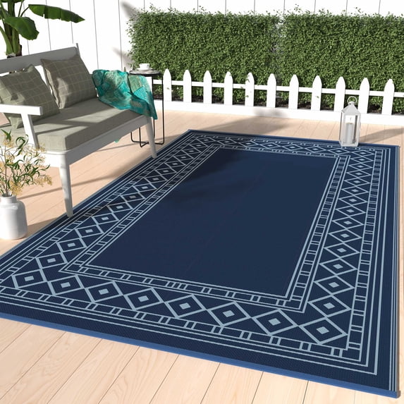 DEORAB 5'x8' Outdoor Rugs Waterproof Patio Reversible Plastic Carpet Camping Outside Mat For Garden RV Camping Porch Deck Backyard, Navyblue & Babyblue