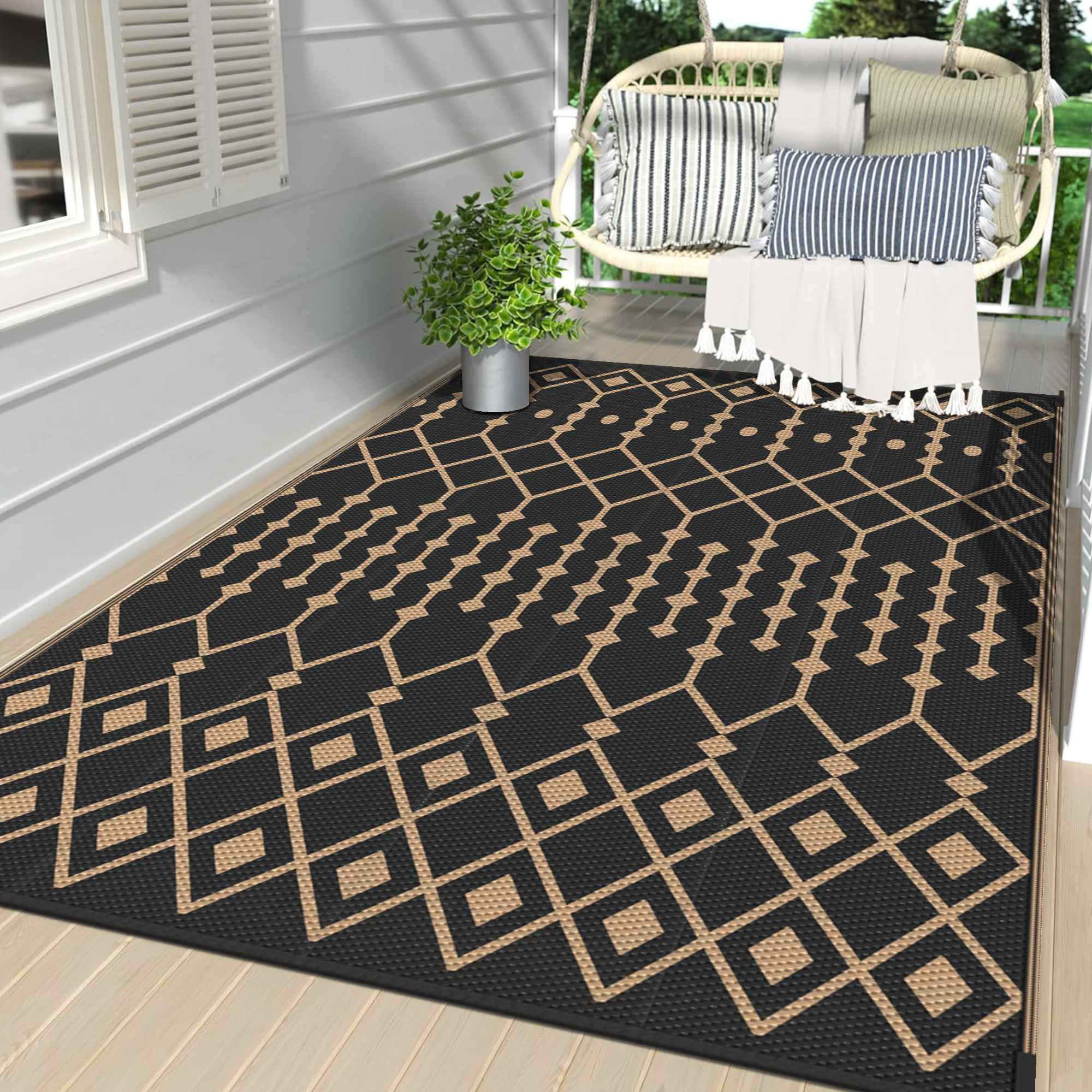 4x6 Outdoor Rug Waterproof & Washable - Blue Teal Watercolor Design, Reversible, For Patio, Porch, Deck, RV, Picnic, Backyard