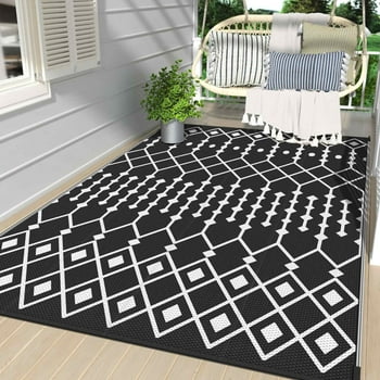 DEORAB Outdoor Rug for Patio Clearance,5'x8' Waterproof Mat,Reversible Plastic Camping,black&white