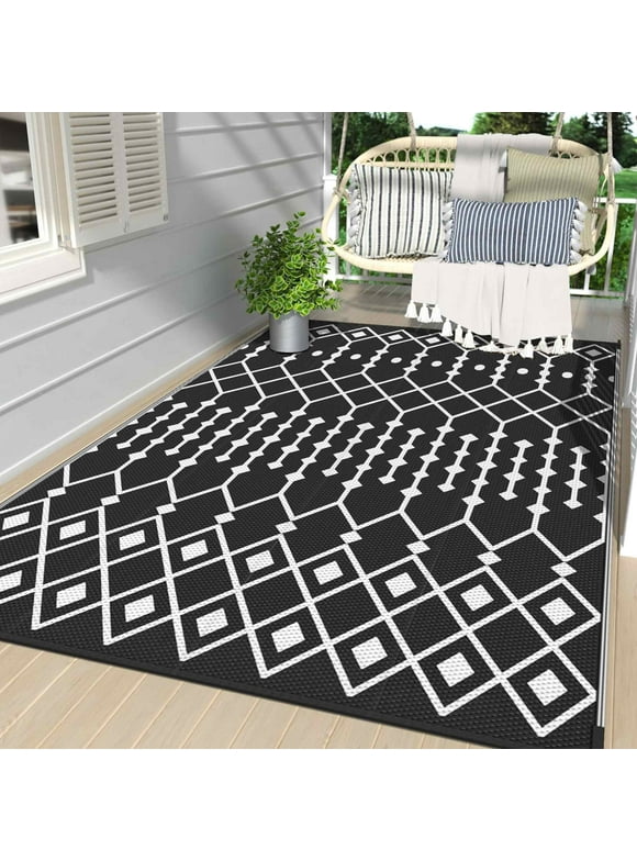 DEORAB Outdoor Rug for Patio Clearance,5'x8' Waterproof Mat,Reversible Plastic Camping,black&white