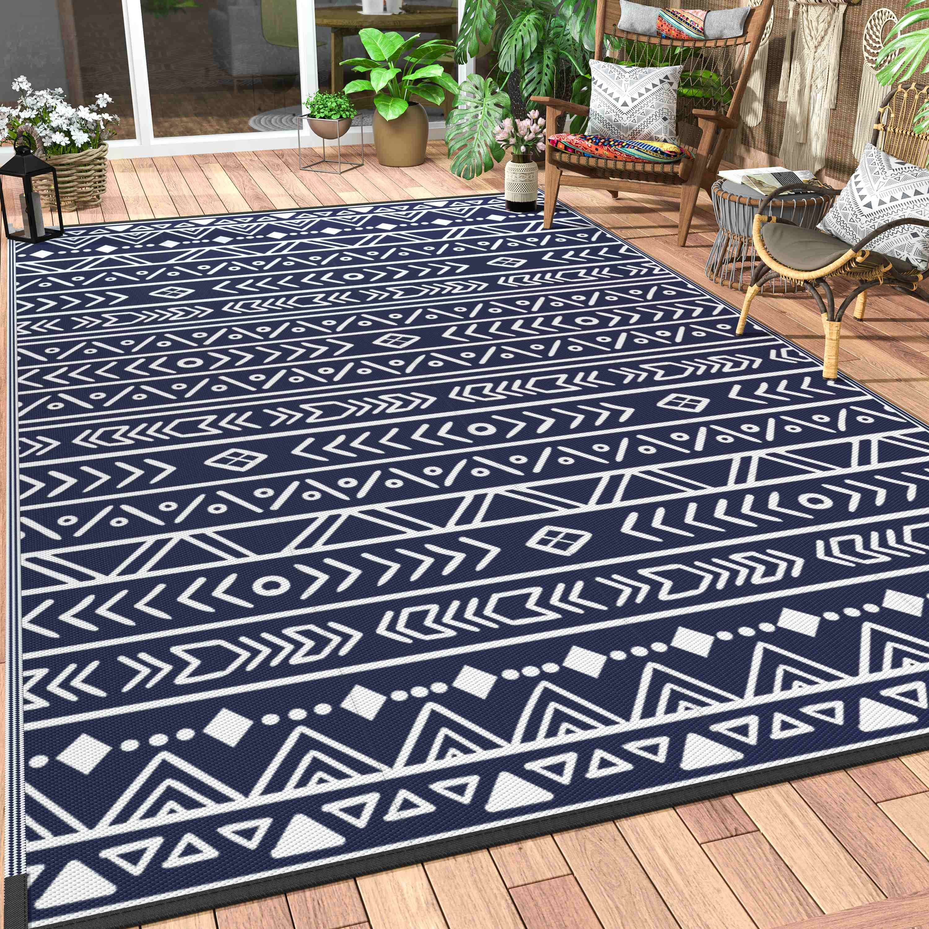 DEORAB 5'x8' Outdoor Patio Rug, Waterproof, Reversible, Blue & White, Portable & Foldable with