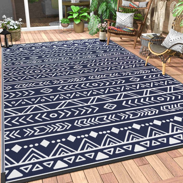DEORAB 5'x8' Outdoor Patio Rug, Waterproof, Reversible, Blue & White