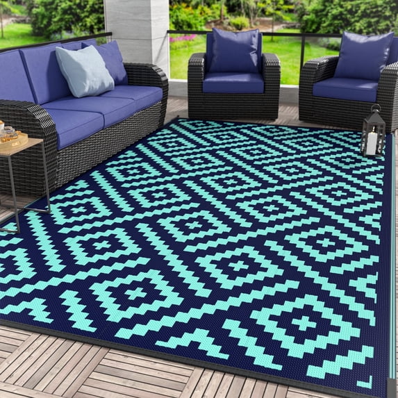DEORAB Outdoor Rug for Patio 5'x8' Waterproof Outside Mat Reversible Plastic Camping Carpet,Navy Blue & Jade Green