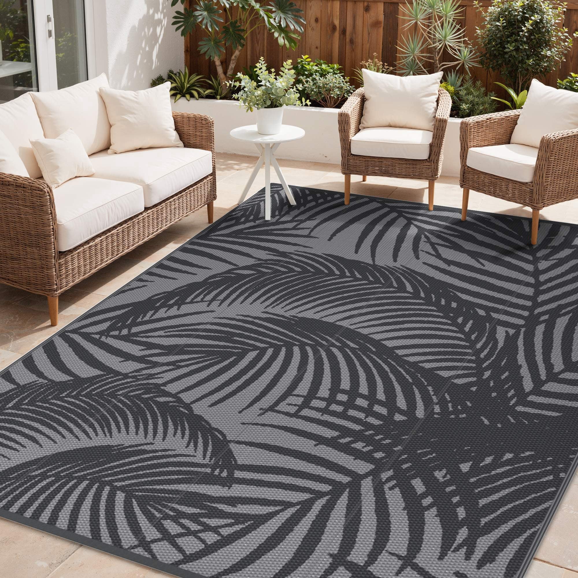 DEORAB 5'x8' Outdoor Rugs Waterproof Patio Reversible Plastic Straw Carpet Camping Outside Mat For Garden Balcony Camping Porch, Black & Grey
