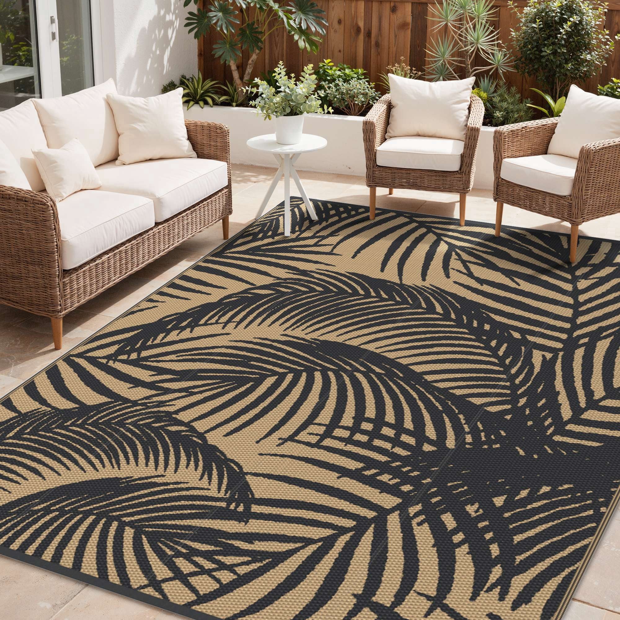DEORAB 5'x8' Outdoor Rugs Waterproof Patio Reversible Plastic Straw Carpet Camping Outside Mat For Garden Balcony Camping Porch, Black & Brown