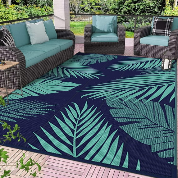DEORAB Outdoor Rug 5'x8' Waterproof Reversible Patio Rug Portable Plastic Straw Outside Carprt for Beach Garden RV Camping Porch Deck Backyard, Navyblue & Jadegreen