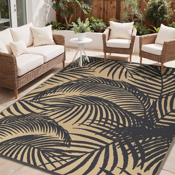 DEORAB 5'x8' Outdoor Rugs Waterproof Patio Reversible Plastic Straw Carpet Camping Outside Mat For Garden Balcony Camping Porch, Black & Brown