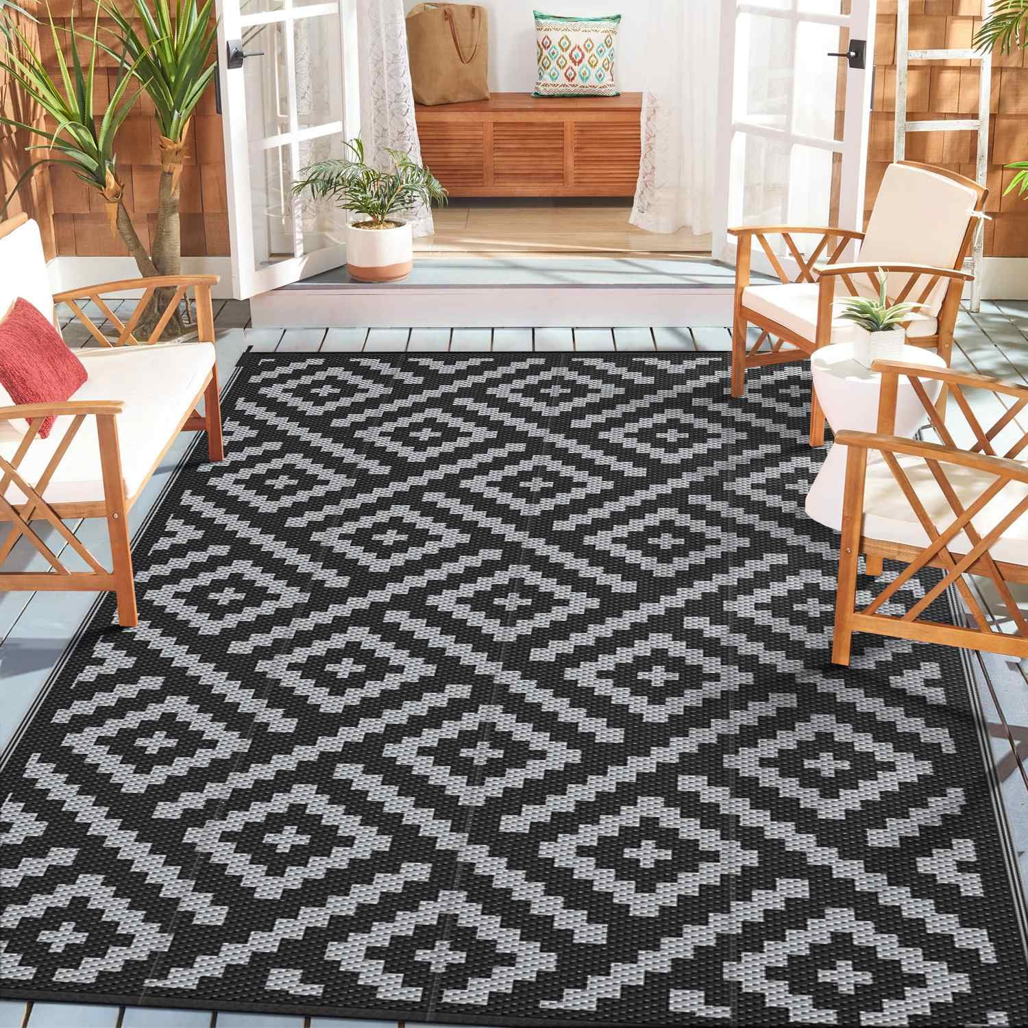 GENIMO Outdoor Rug for Patio Clearance,6'x9' Waterproof Mat,Reversible  Plastic Camping Rugs,Rv,Porch,Deck,Camper,Balcony,Backyard,Black & Gray