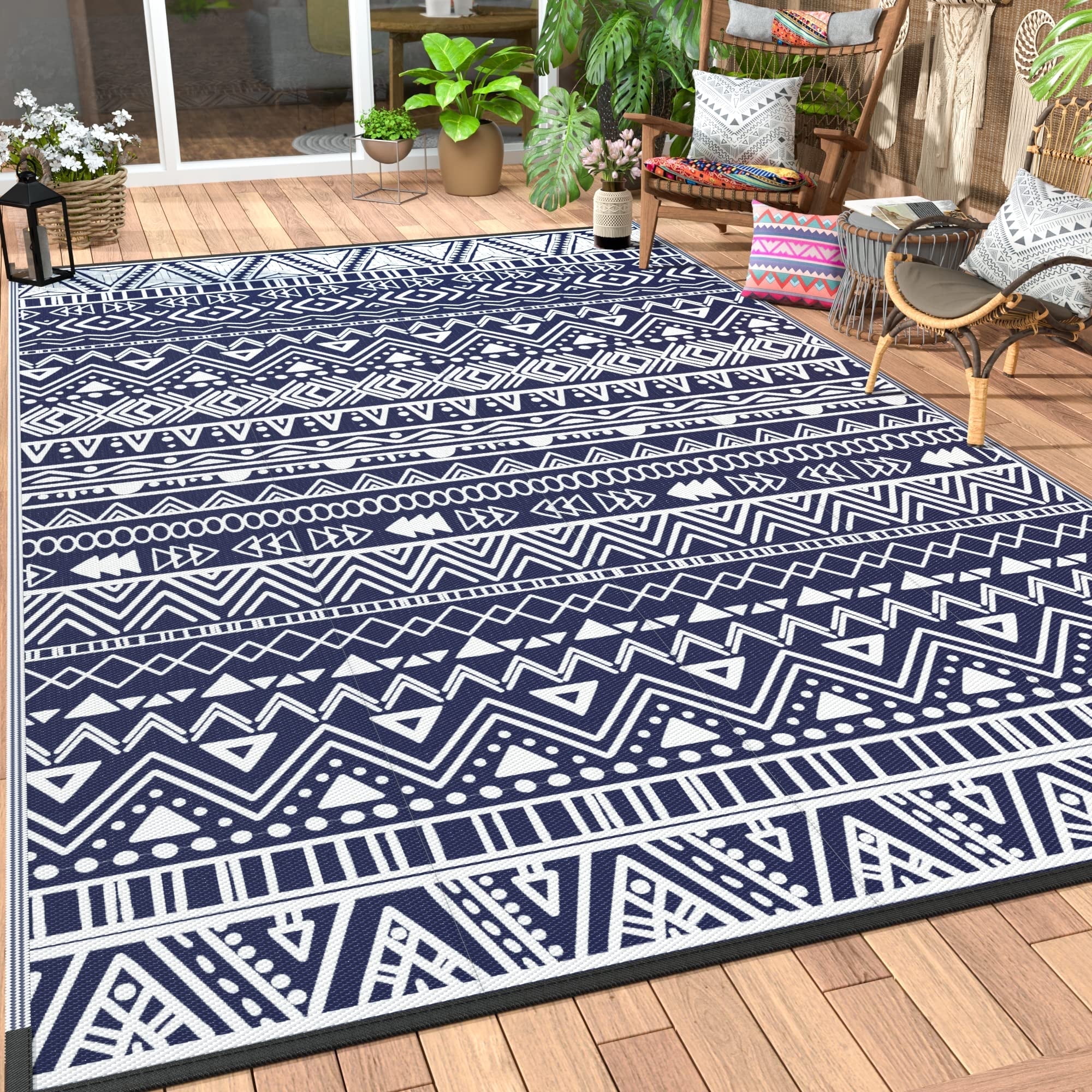 DEORAB Outdoor Rugs Waterproof Plastic Straw Mat 6'x9' Reversible for RV Patio Deck Beach Blue & White