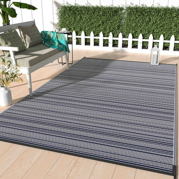 DEORAB 8'x10' Outdoor Rugs Waterproof Reversible Plastic Straw Patio Outside Carpet Camping RV Mat,Blue & White