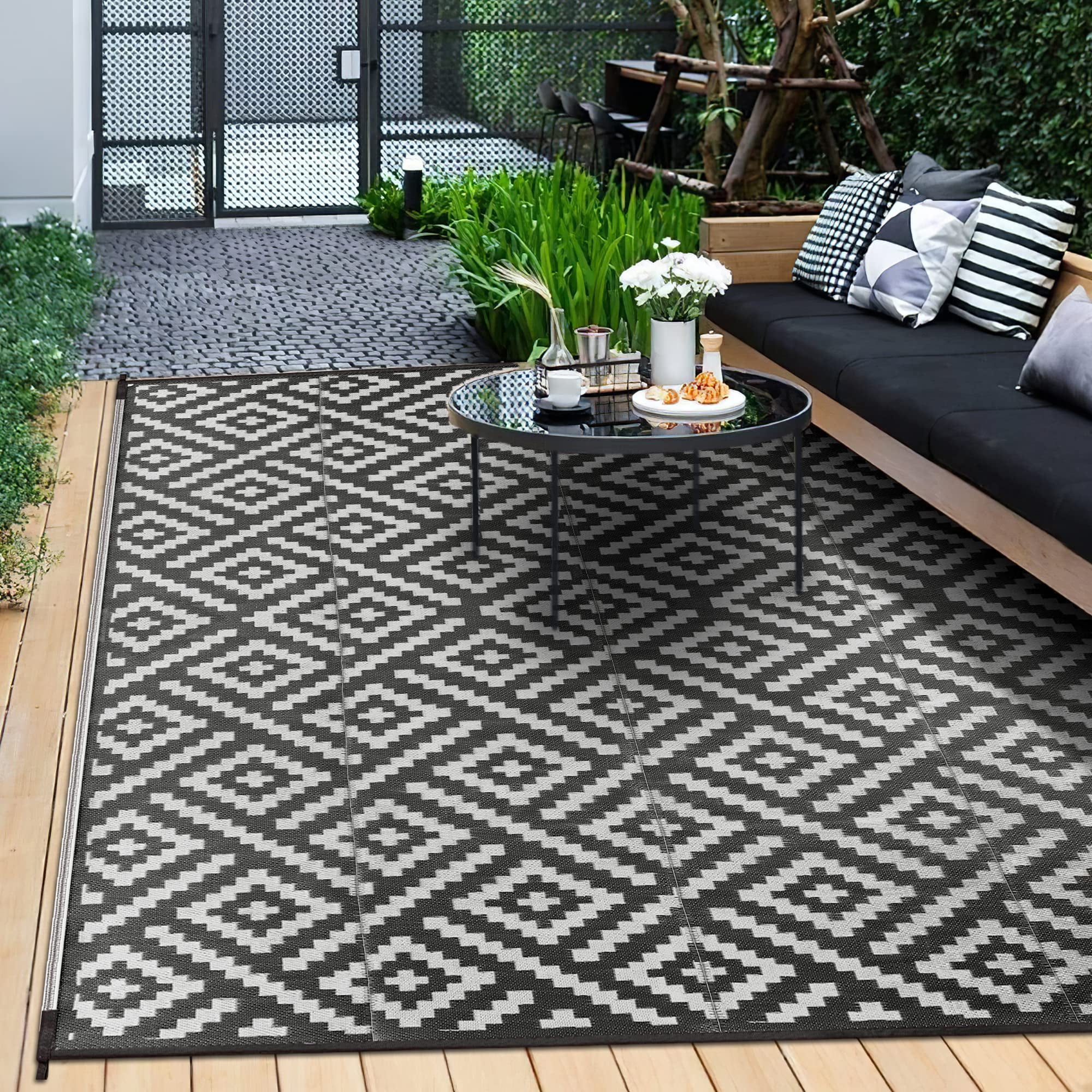 DEORAB Outdoor Rug for Patio Clearance 9'x12' Waterproof Mat Reversible