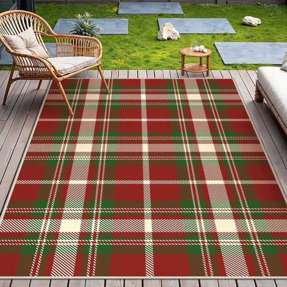 DEORAB Outdoor Rugs 4'X6' Chenille Patio Rug Three-Layer Material Imitation Silicone Spot Molding Camping Outside Rv Mat Red & Green