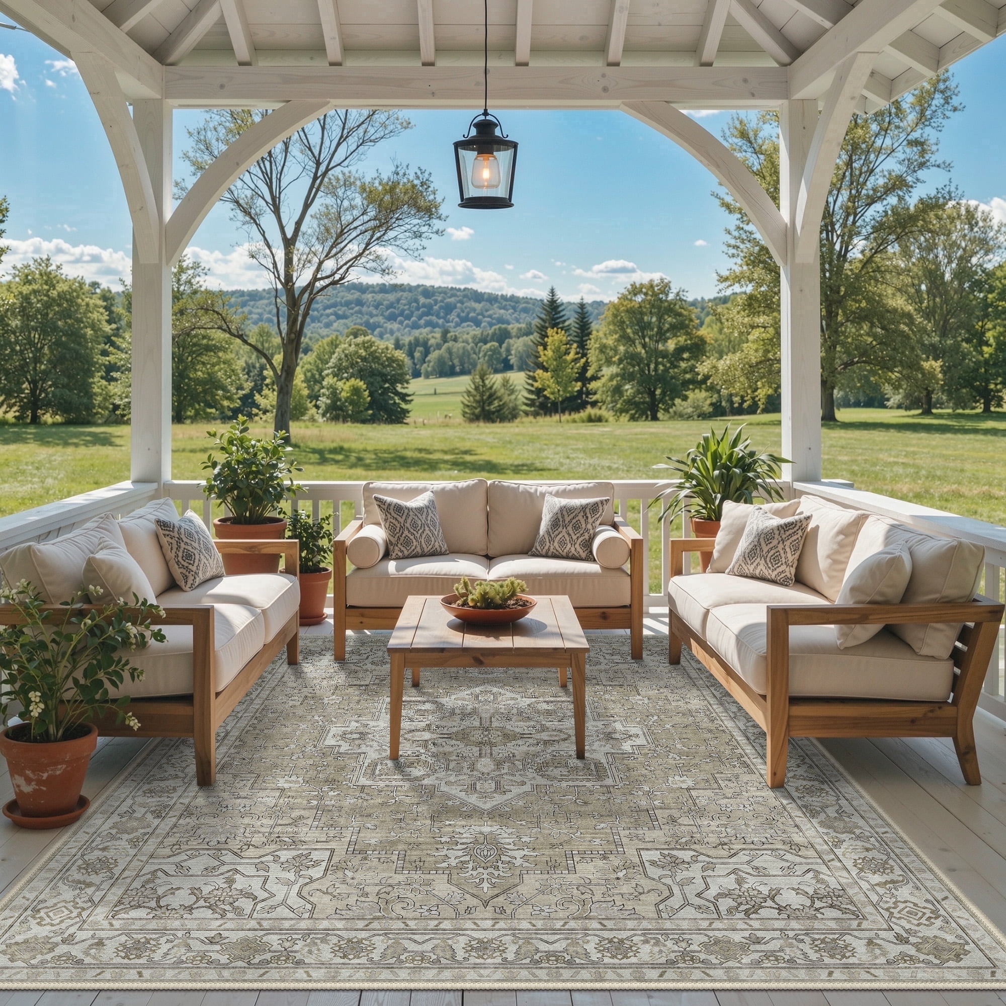 DEORAB Outdoor Rugs 5'X8' Chenille Patio Rug Three-Layer Material Imitation Silicone Spot Molding Camping Outside Rv Mat,Coffee & Beige