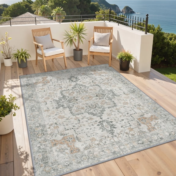 DEORAB Outdoor Rugs 5'X8' Chenille Patio Rug Three-Layer Material Imitation Silicone Spot Molding Camping Outside Rv Mat,Light Grey Brown