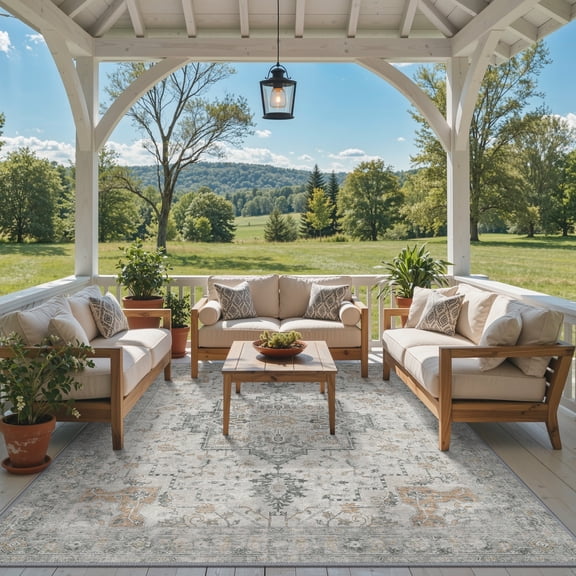 DEORAB Outdoor Rugs 5'X8' Chenille Patio Rug Three-Layer Material Imitation Silicone Spot Molding Camping Outside Rv Mat,Light Grey Brown