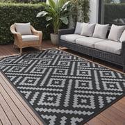 DEORAB Outdoor Rugs 6'x9' Waterproof Plastic Patio Mat Reversible Black & Gray Non-Slip Geometric Design for Camping, RV
