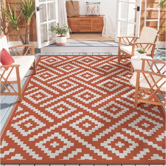 DEORAB Outdoor Rugs 6'x9' Waterproof Plastic Patio Mat Reversible Orange & White Non-Slip Geometric Design for Camping, RV, Balcony, Porch, Picnic