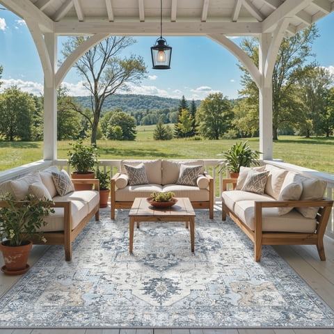 DEORAB Outdoor Rugs 8'X10' Chenille Patio Rug Three-Layer Material Imitation Silicone Spot Molding Camping Outside Rv Mat,Blue