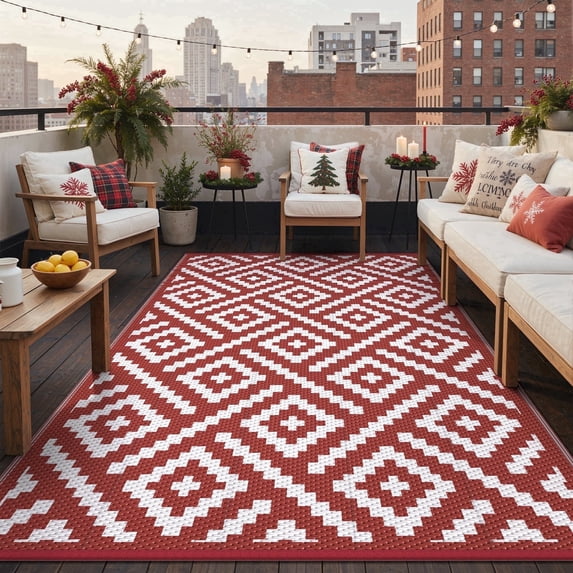 DEORAB Outdoor Rugs 8'x10' Waterproof Plastic Patio Mat Reversible Red & White Non-Slip Geometric Design for Camping, RV, Balcony, Porch, Picnic