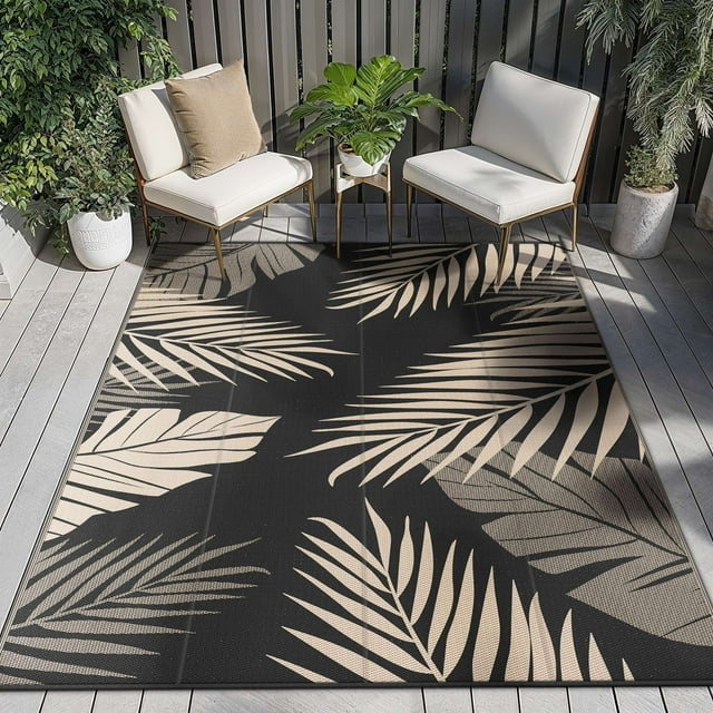 DEORAB Outdoor Rugs Patio Lightweight Waterproof Mat Plastic Rv Camper Outside Carpet,Black&Beige,8'x10'